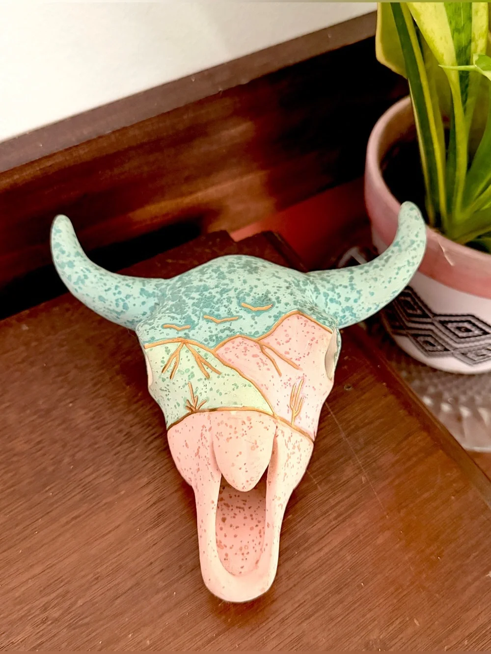 Southwest Native Ceramic Cow Bull Buffalo Skull Small Wall Hanging Sculpture Vtg